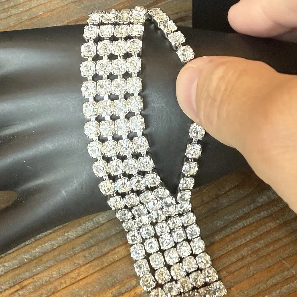 Vintage 5 Strand Clear Rhinestone 1” Wide 7” Bracelet Rhodium Plated
